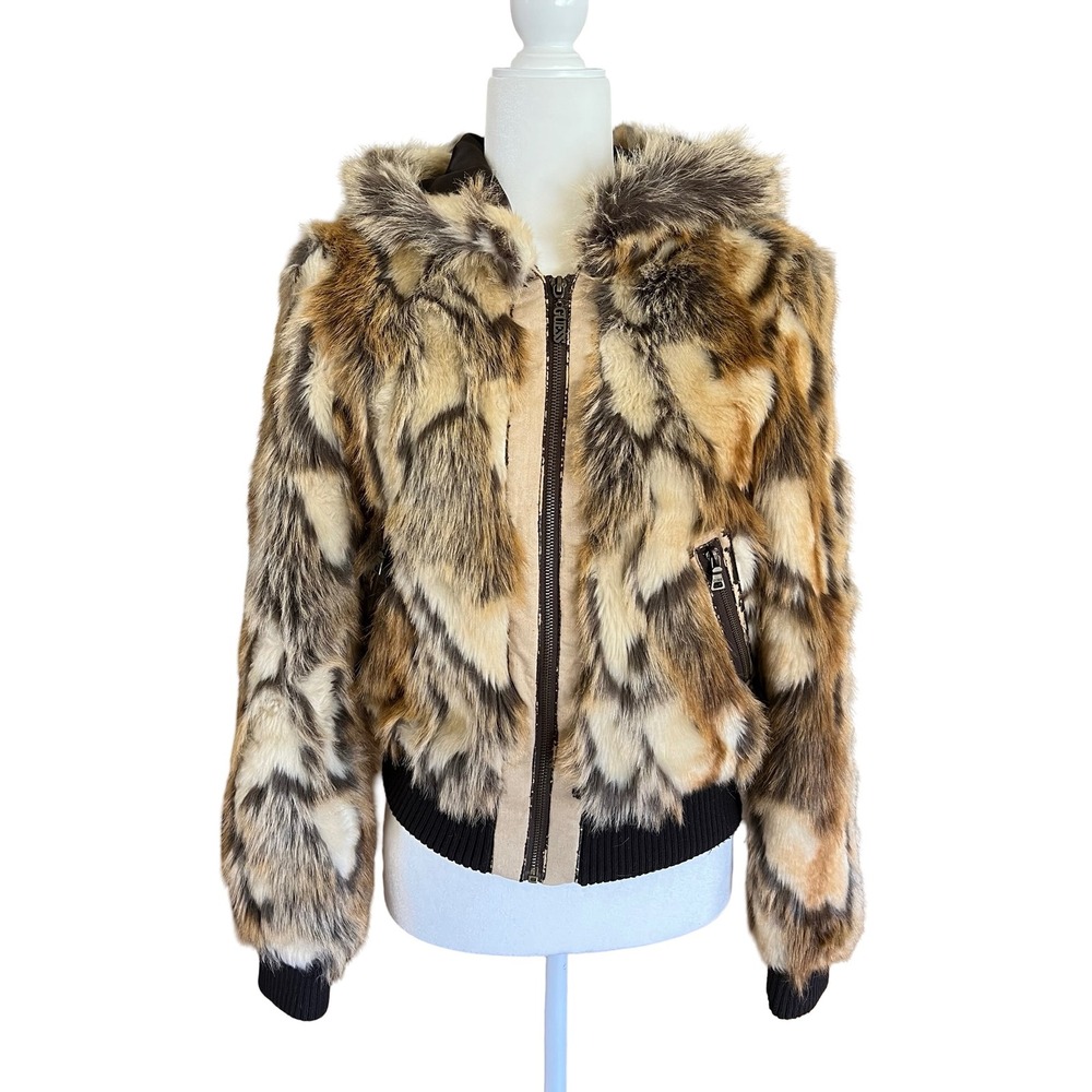 Guess Y2K Faux-Fur Luxe Hooded Bomber Jacket Brown Animal Print Retro Glam 2000s